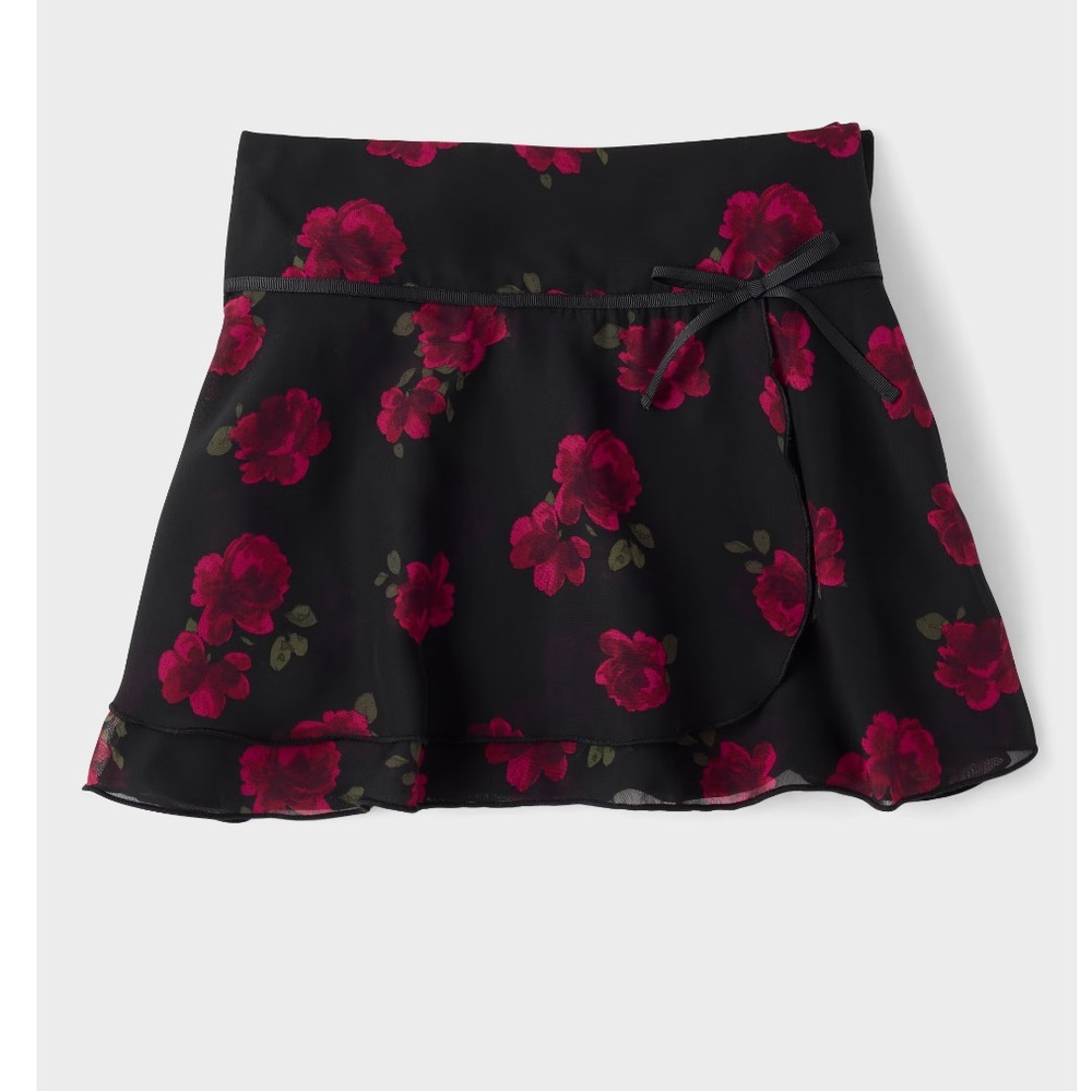 Girls Chic Black with Red Florals Skater Skirt